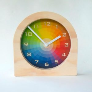 Color Wheel Wooden Desk Clock with Numbers. Unique colourful mid century modern silent mantle clock for the kitchen, living room or bedroom.