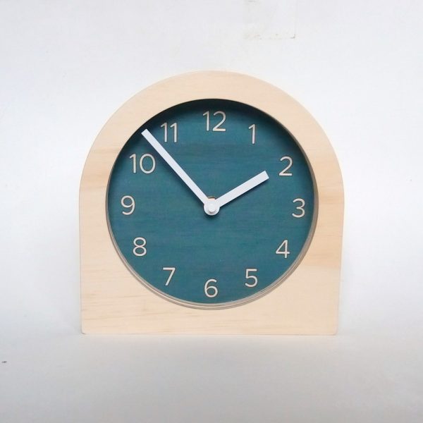 Dark Blue Wooden Desk Clock with Numbers. Unique colourful mid century modern silent analog mantle clock for kitchen, living room or bedroom