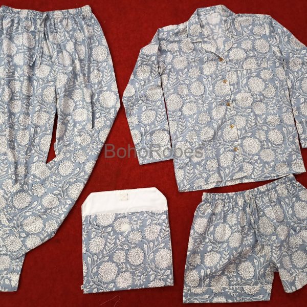 Indian Cotton Pajama Set Cotton Hand Block Print 100% Cotton Light Ultra-Soft Night Dress Women Cotton Pants Shirt Set With begs Set