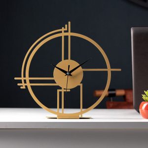 Gold Tabletop Minimalist Lineal Circle Metal Slient Clock, Diameter 9.8 Inches/25 cm Unique Desk clocks, Housewarming Gift, Her & His Gift