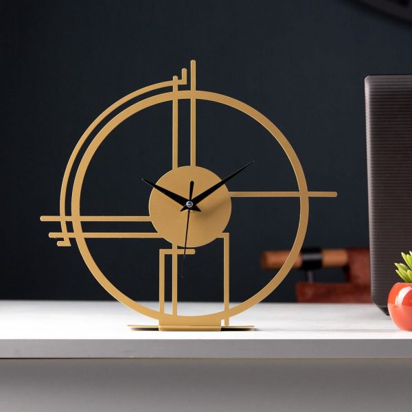 Gold Tabletop Minimalist Lineal Circle Metal Slient Clock, Diameter 9.8 Inches/25 cm Unique Desk clocks, Housewarming Gift, Her & His Gift