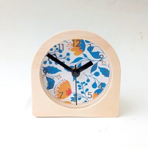 Blue Florals Wooden Desk Clock with Numbers. Unique cute colourful modern silent analog mantle clock for the kitchen, living room or bedroom