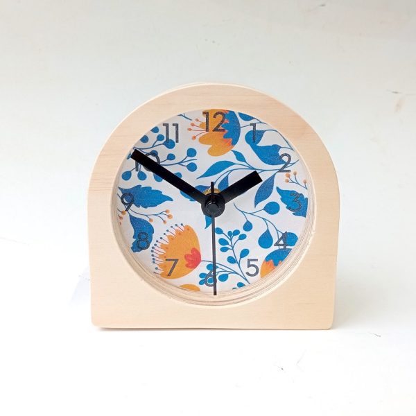Blue Florals Wooden Desk Clock with Numbers. Unique cute colourful modern silent analog mantle clock for the kitchen, living room or bedroom