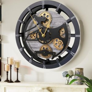 Wall Clock 17 Inches with Real Moving Gear convertible into Desk clock (Hybrid) Silver Grey