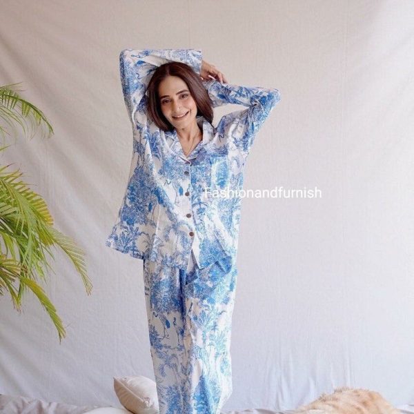 Indian 100% pure cotton pyjamas, Womens cotton pj’s, Soft cotton pajama Set trousers shirts, Unique printed pyjama set, Block Print pj set