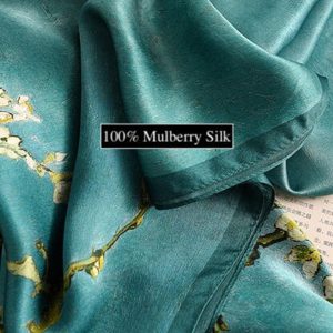 100% Mulberry Silk Scarf – Large Silk Scarf – Van Gogh Almond Blossom Print – 180X65cm