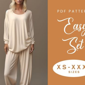 Top + Pants Set Sewing Pattern | XS-XXXL | Instant Download | Easy Digital PDF | Women’s Sleeved Top | Trouser Wide Leg Set | Nightwear