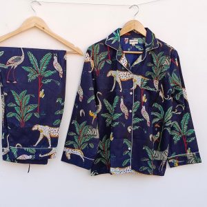 Indian Cotton Pajama Set Cotton Hand Block Print 100% Cotton Light Ultra-Soft Night Dress Women Cotton Pants Shirt Set With Set Blue