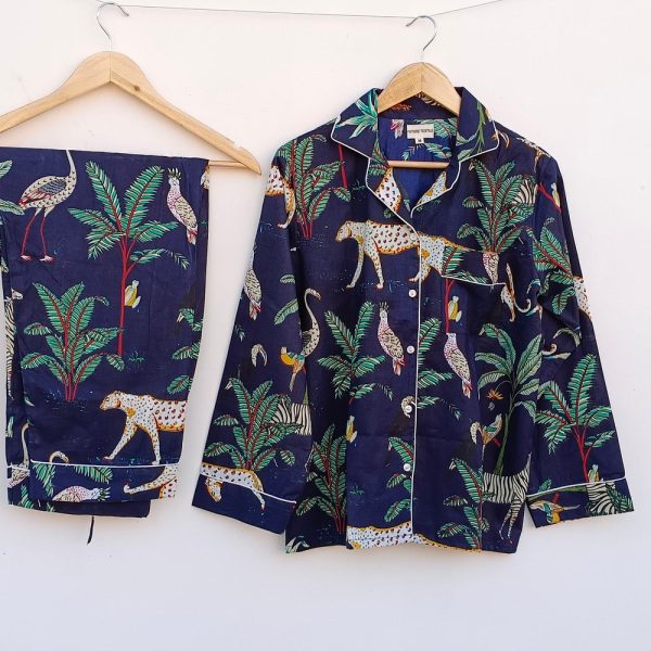 Indian Cotton Pajama Set Cotton Hand Block Print 100% Cotton Light Ultra-Soft Night Dress Women Cotton Pants Shirt Set With Set Blue
