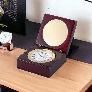 Custom Engraved Square Wood Box with Clock with Piano finish, 2.875″ for Award, graduation gifts, corporate gifts