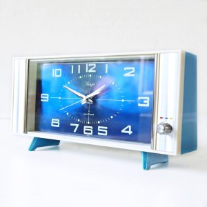 GINZA / RHYTHM Blue and White Musical Mid Century Alarm Clock / Desk Clock Playing Swan Lake, Japan