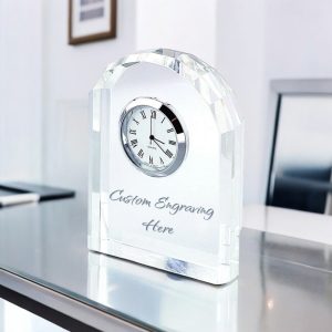 Custom Engraved Optic Crystal Arched Clock 3.75″ tall Desk Clock Award Father’s Day Valentine’s Personalized Free