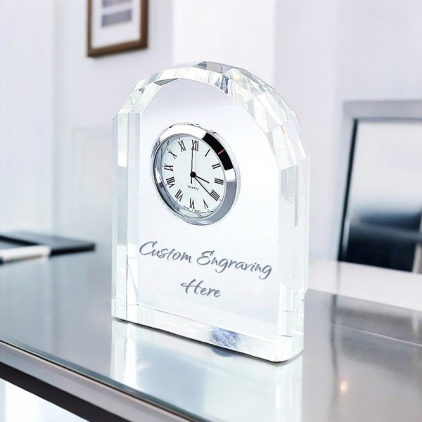 Custom Engraved Optic Crystal Arched Clock 3.75″ tall Desk Clock Award Father’s Day Valentine’s Personalized Free