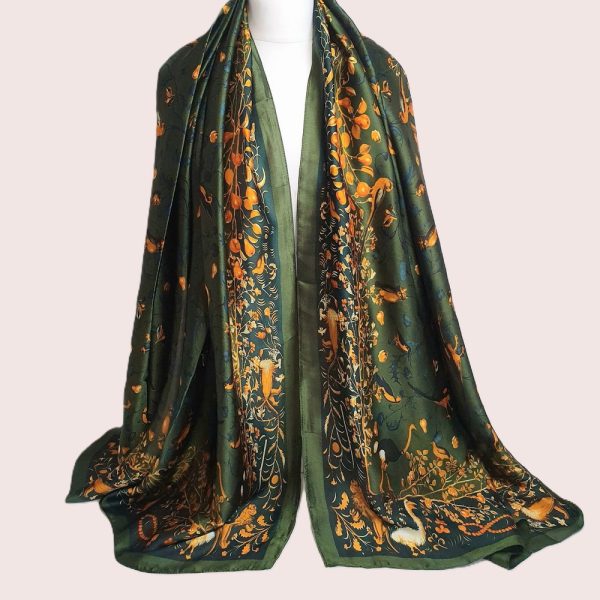 Luxury Soft Silky Scarf, Dark green Scarf, Personalised Gift For Her, Gift Box Card Available, Women’s Head Scarf, Bird design Scarf