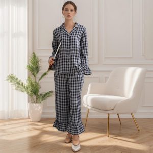 Pure Natural Plaid Cotton Sleepwear Organic Cotton Pajama Set Women’s Loungewear, Casual plaid Homewear Garment Soft checkered Nightwear