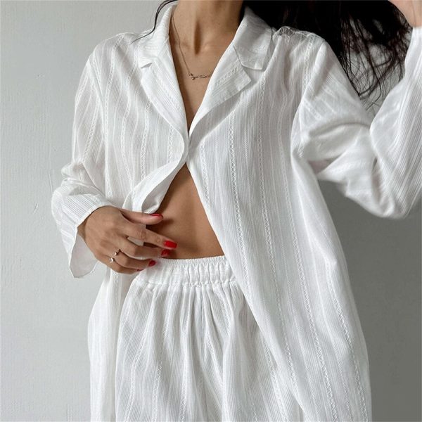 Cotton Loose-fitting Pajama Set,White Long-Sleeve Shorts Pajama Set,Cotton Party Pajamas Loungewear, Fashionable Women’s Pajamas