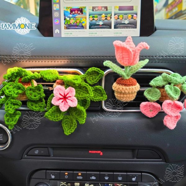 Crochet Plant Car Vent Clip, Crochet Pink Car Decor, Car Accessories for Women, Car Air Freshener Decor, Plant Lover Gift