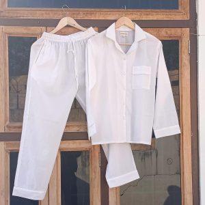 Cotton Pajama Set, Women Night Dress, Simple White Color, Light UltraSoft Night Dress Women, Cotton Pants Shirt Set, PJ Set, Nightwear dress