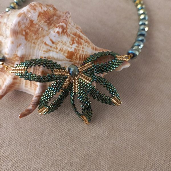 Handmade Green Star Necklace With Miyuki Beads, Crystal Cord, Gold-Plated Chain, Unique Jewelry For Women, Perfect Gift
