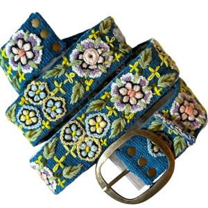 Embroidered  Belt, Peruvian Belt, Wool Belt,  Flower Belt, Bohemian Belt, Floral Ethnic Belt, Womens Handmade – Garden Bloom/Teal Base
