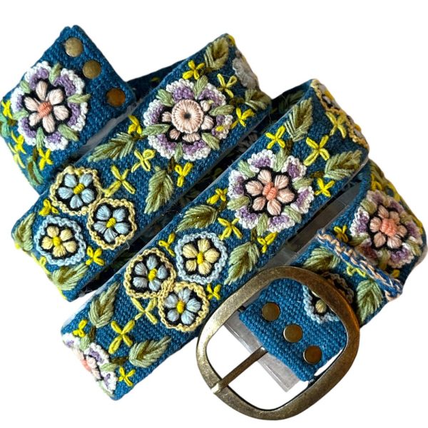 Embroidered  Belt, Peruvian Belt, Wool Belt,  Flower Belt, Bohemian Belt, Floral Ethnic Belt, Womens Handmade – Garden Bloom/Teal Base