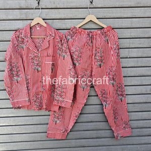 Hand Block Print Women’s Pajamas, Cotton Pajamas Set , Indian Floral Pajamas, Gift For Her, Sleepwear Night Suit