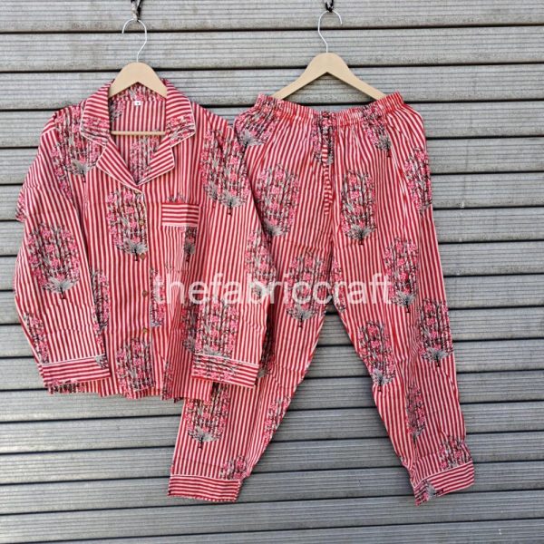 Hand Block Print Women’s Pajamas, Cotton Pajamas Set , Indian Floral Pajamas, Gift For Her, Sleepwear Night Suit