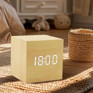 Square Digital LED Alarm Clock Wood Retro Glow Clock Desktop Table Decor Voice Control Snooze Function Desk Clock