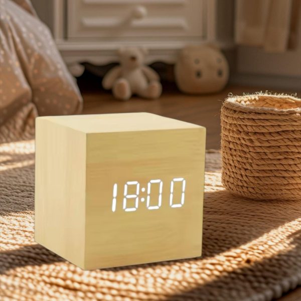 Square Digital LED Alarm Clock Wood Retro Glow Clock Desktop Table Decor Voice Control Snooze Function Desk Clock