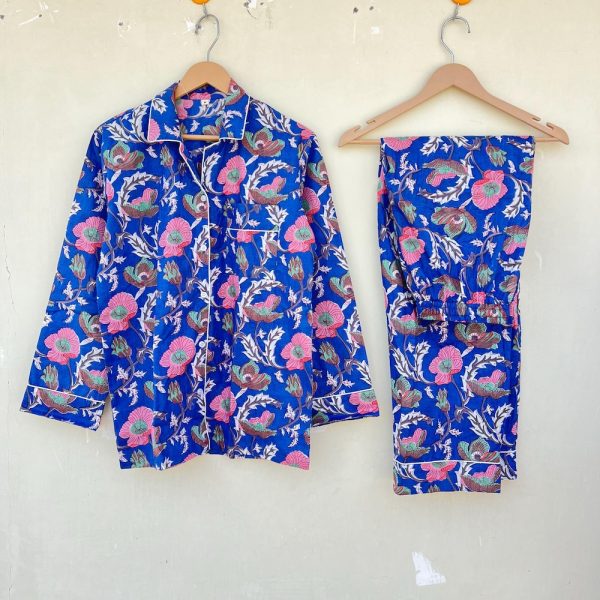 Blue Indian PJ Set,100% Cotton Block Print Pajama Set, Night Wear, Bridesmaid Pajama Set, Womens pajamas Set Cotton Pants Shirt sets