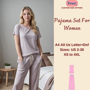 Women’s Nightwear Set Sewing Pattern, Pajama Set For Women, Nightwear for Women, Women Pajamas Pattern, Tunic Top, Wide Leg trousers, XS-4XL