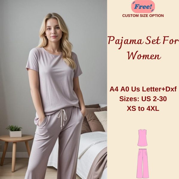 Women’s Nightwear Set Sewing Pattern, Pajama Set For Women, Nightwear for Women, Women Pajamas Pattern, Tunic Top, Wide Leg trousers, XS-4XL