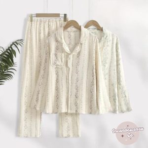 Cute Winter Pyjamas Women Floral Cotton Pyjamas Comfy Loungewear Women Flower Cotton Pyjamas Winter Cotton Long Pyjamas Winter Loungewear