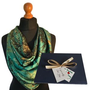 Emerald and gold silk scarf, with personalised gift box. Garden bird theme. Great Mother’s Day gift!