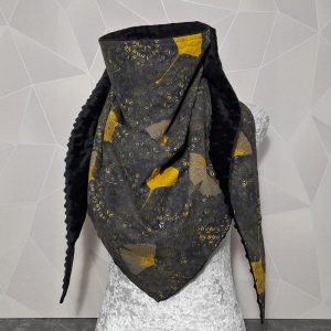 Maxi women’s scarf, Autumn Ginkgo leaf shawl lined in black Minky fleece