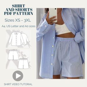 Woman Long Sleeve Top and Wide Shorts, Shirt Video Tutorial, Digital Sewing Pattern, Instant Download, XS-XXXL, Beginner Friendly,Pajama Pdf