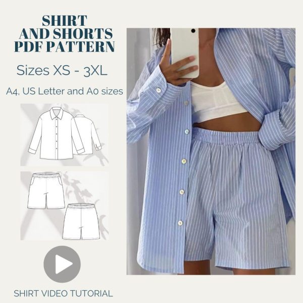Woman Long Sleeve Top and Wide Shorts, Shirt Video Tutorial, Digital Sewing Pattern, Instant Download, XS-XXXL, Beginner Friendly,Pajama Pdf