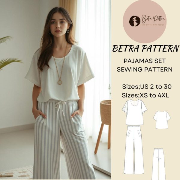 Women Pajamas Set Sewing Patern,Nightwear Set,Pyjama Sleepwear,Two Pieces Pajamas,Loose Fit Set,Wide Leg Pants,A0,A4-US Letter,2-30,XS-4XL