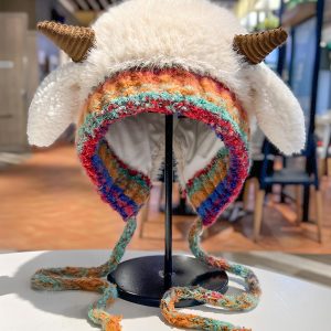 Handmade Windproof Plush Thickening Beanie Hat Deer Ear, Ear Protection Warm Knitting Hat, Women’s Winter Casual Cycling Hat With Pom Poms
