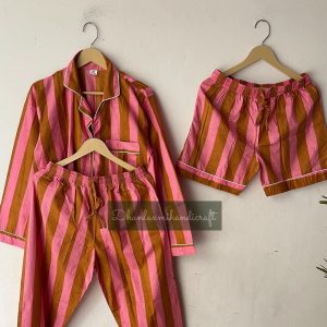 3 Pieces Pyjama Sets, Cotton Pink & Brown Striped Summer PJs, Unisex Wear, Cotton Boho Hippie Style ,3 Piece PJ Set Women’s Night Suit,