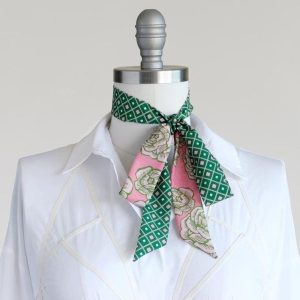 Garden green geo and pink rose skinny scarf, hair wrap, women’s necktie, ribbon choker scarf, boss bow, long skinny sash, cute style gift