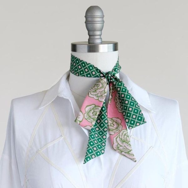Garden green geo and pink rose skinny scarf, hair wrap, women’s necktie, ribbon choker scarf, boss bow, long skinny sash, cute style gift