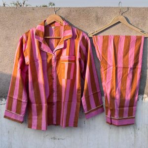 Indian Handmade 100% Cotton Pajama Set  Night Wear, Soft Cotton Night Suit-Pure Cotton Pj’s,Striped Print Pajamas, Pajamas Set