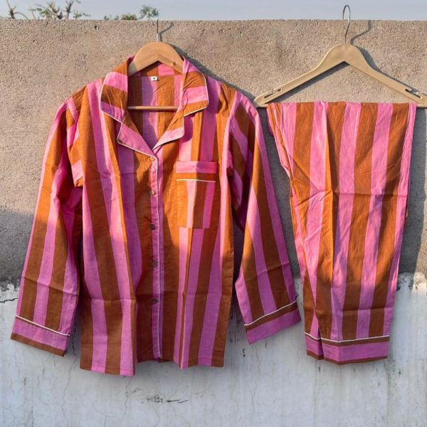 Indian Handmade 100% Cotton Pajama Set  Night Wear, Soft Cotton Night Suit-Pure Cotton Pj’s,Striped Print Pajamas, Pajamas Set