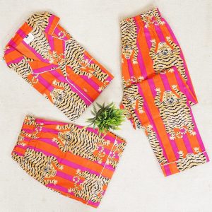 Tiger Print Cotton Pyjama, Night Wear Suite Bridesmaid Gift For Her, Cute sleepwear PJ’s Set, Indian Lounge Night Dress 4 Pcs Pajamas Set