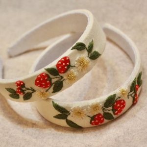 Strawberry Hand Embroidered Linen Headband, Handmade Headband with Embroidery, Hair Accessories for Girls & Women, Vintage Headband
