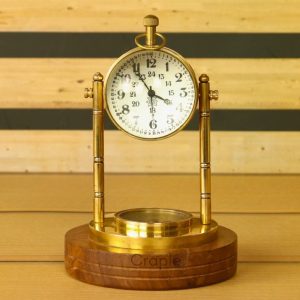 Handcrafted Gold Finish Brass Desk Clock with Wooden Base Compass Rotatable Dial 12hr/24hr Display, Map on Reverse, Perfect Gift & Decor