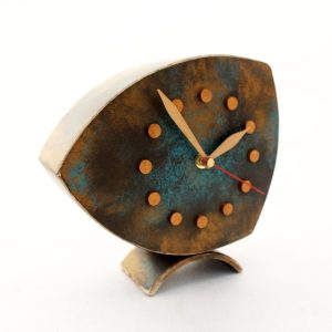 Desk Clock | Gold-Turquoise-Brown Colors | Unique Wood Tabletop Clock | Shaded Gold Patina | Asymmetrical Shape | Unique Gift for Mom
