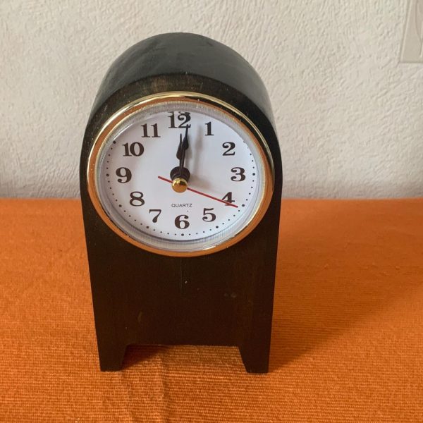 Handmade reclaimed wood art deco style quartz bed side/ shelf clock. Wooden desk clock