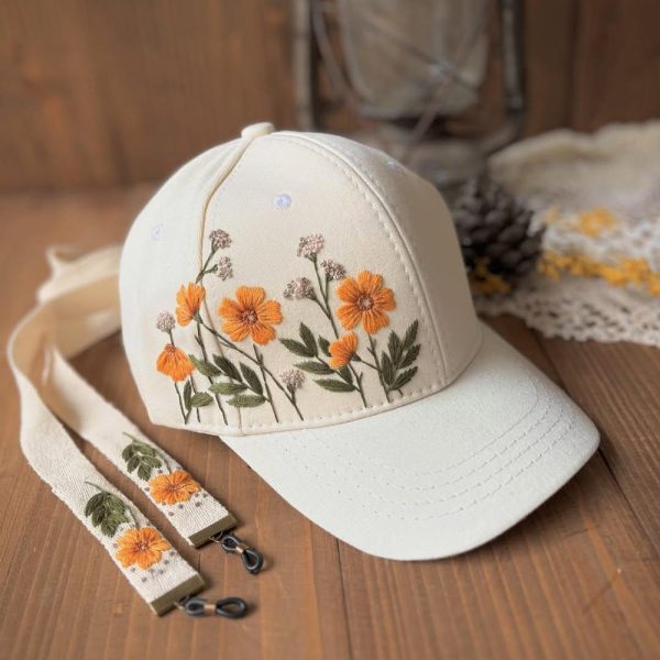 Orange Flower Baseball Hat with Matching Eyeglass Strap, Custom Name Eyeglass Strap, Handmade Trucker Cap, Vintage Women Accessory